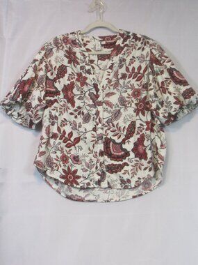 Joie L Floral Red & Cream Linen Blend Balloon Sleeve Button Up Blouse Short Slv